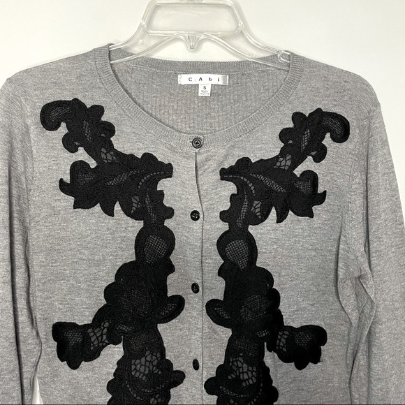 Cabi Cardigan Gray and Black Lace Embroidered detail Button down Cardigan - Picture 2 of 6